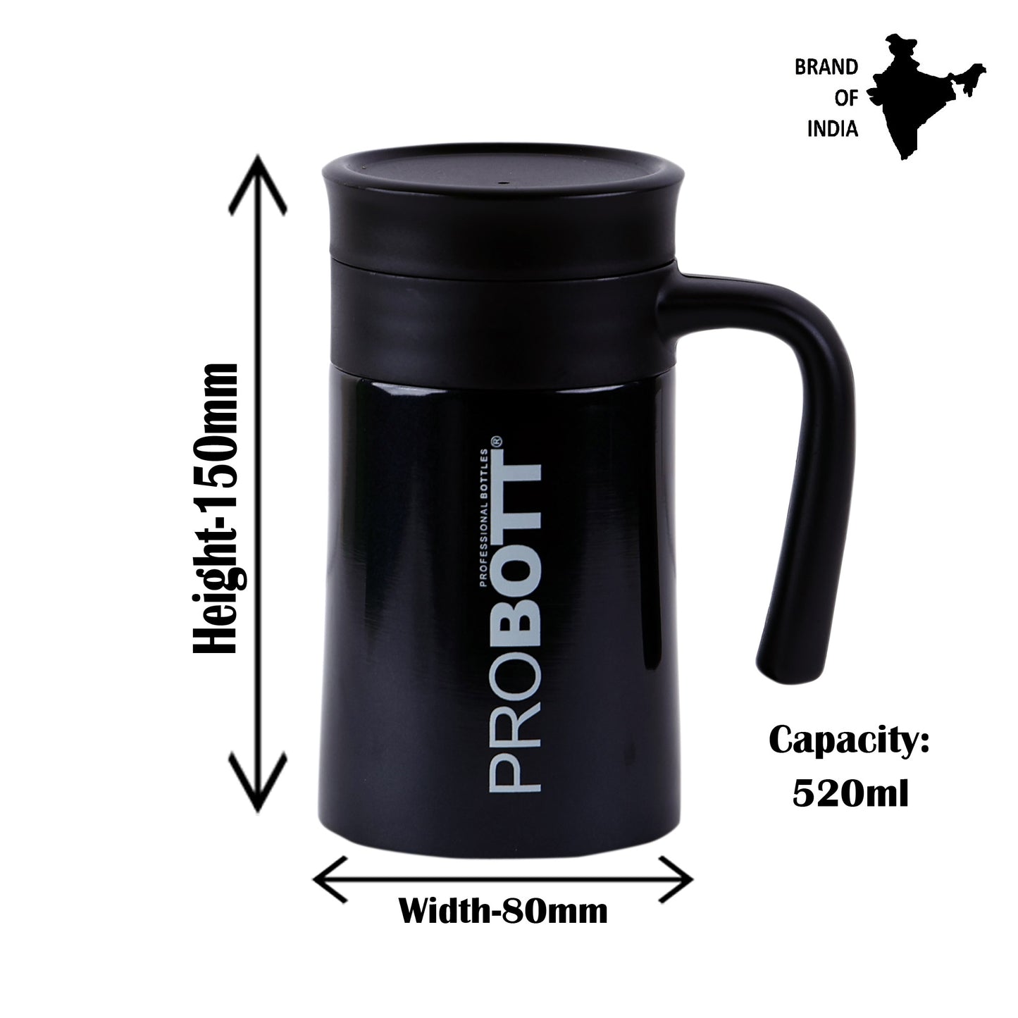 Probott Jazz 520ml Black Vacuum Insulated Mug Stainless Steel Coffee Flask, Travel Flask