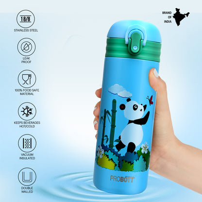 Probott Dazzle 400ml Stainless Steel Hot & Cold Sipper Water Bottle for Kids, Light Blue| Double Walled Vacuum Flask |Push Button With Locking System