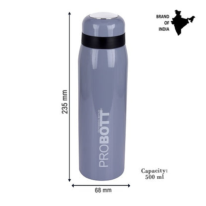 Probott Drops Water Bottle, Stainless Steel Water Bottles, Vacuum Insulated Flask Bottles, 500 ml, Grey