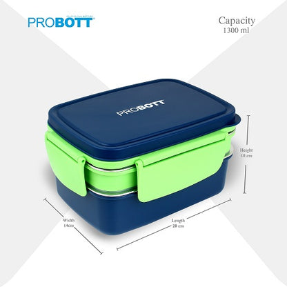 PROBOTT Double Decker 1300ml Stainless Steel Lunch Box, 2 Layers with 3 Grid, 1 Spoon Tiffin Box, Lid Made with Heavy Quality PP Material Perfect for School, Office Use | Blue