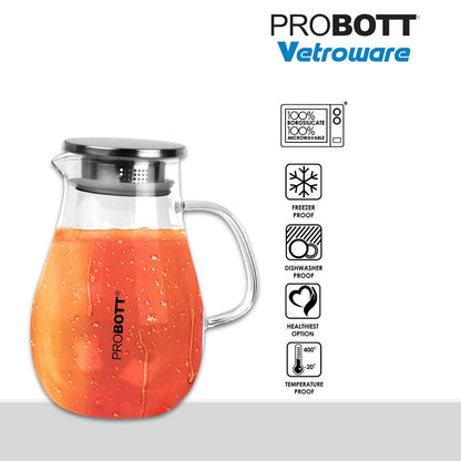 PROBOTT Vetroware Glass Water Jug with Lid Pitcher for Dining Table 1700 ml PV Belly Glass Jug