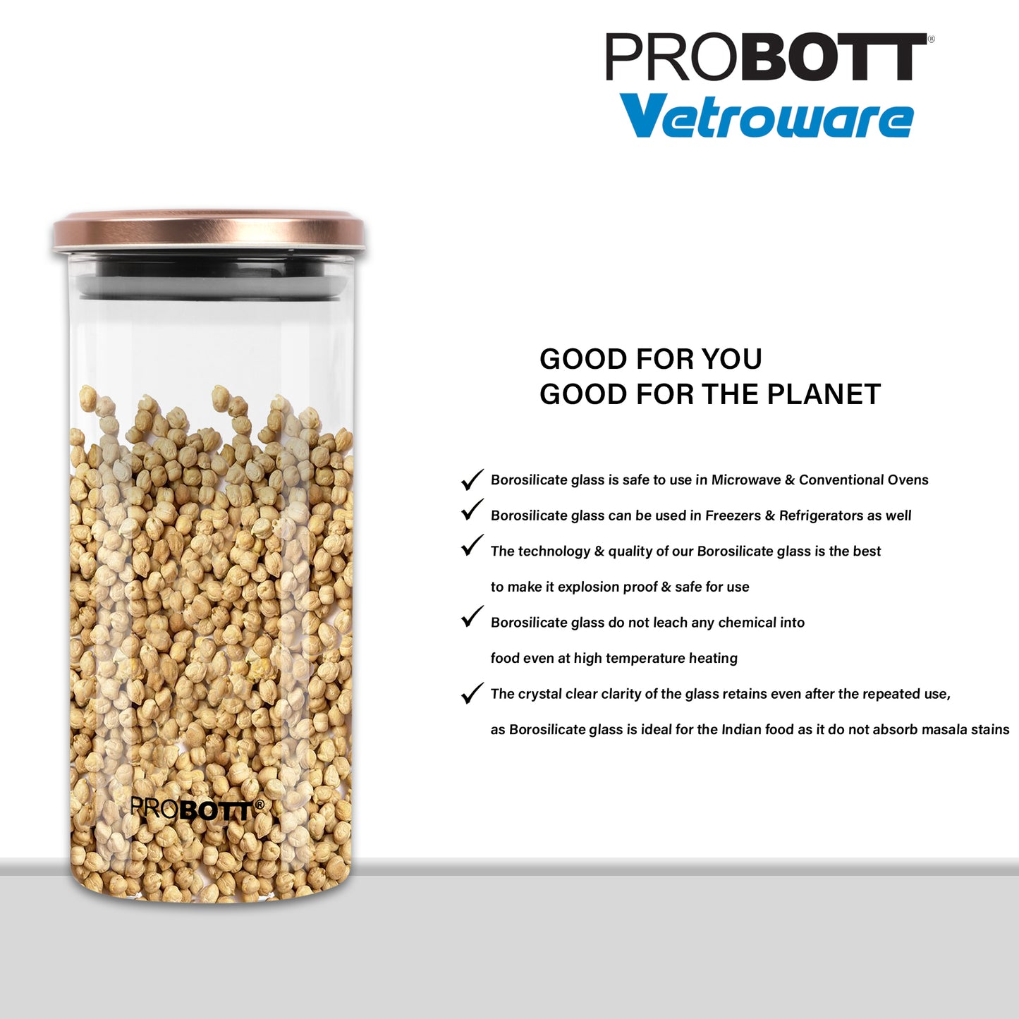 PROBOTT Vetroware 1300ml Glass Round Jar Container with Metal Golden Color Air Tight Cap