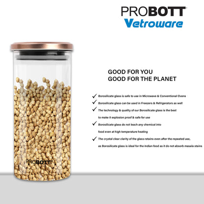 PROBOTT Vetroware 1300ml Glass Round Jar Container with Metal Golden Color Air Tight Cap