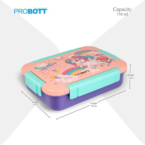 PROBOTT Lunch On 750ml Stainless Steel Lunch Box, 2 Grid Tiffin Box, Character Lid Made with Heavy Quality PP Material Perfect for School, Office Use | Orange+Purple