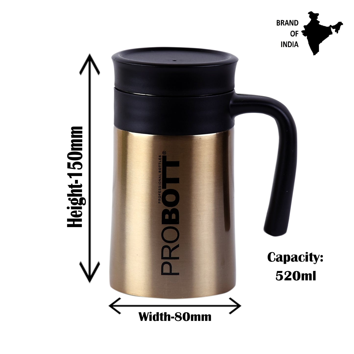 Probott Jazz 520ml Gold Vacuum Insulated Mug Stainless Steel Coffee Flask, Travel Flask