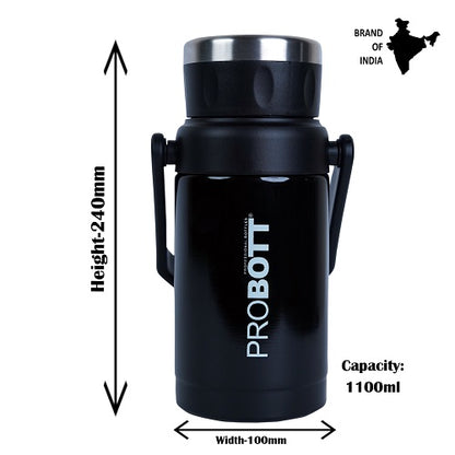 Probott Handy 1100ml Stainless Steel Hot & Cold Water Bottle, Vacuum Insulated Flask Bottles, Black