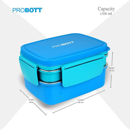 PROBOTT Double Decker 1300ml Stainless Steel Lunch Box, 2 Layers with 3 Grid, 1 Spoon Tiffin Box, Lid Made with Heavy Quality PP Material Perfect for School, Office Use | Sky Blue