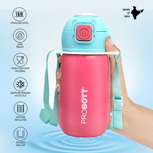 Probott Cutie 320ml Stainless Steel Hot & Cold Sipper Water Bottle for Kids, Pink| Double Walled Vacuum Flask |Push Button With Locking System