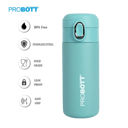 Probott Pride 300ml Thermosteel Hot & Cold Insulated Stainless Steel Travel Flask, Green | Spill Proof | Coffee Tea Mug | Juice Mug | Easy Grip Easy to Carry