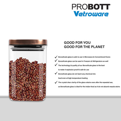 PROBOTT Vetroware 1100ml Glass Square Jar Container with Metal Golden Color Air Tight Cap