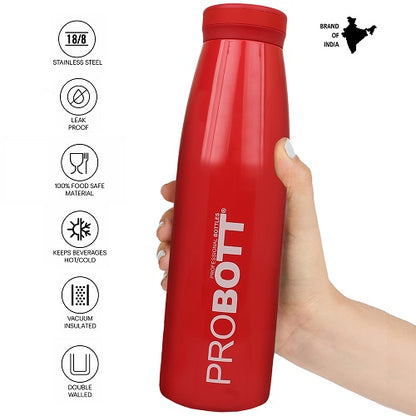 Probott Aquatic 750ml Vacuum Insulated Flask Bottle, Stainless Steel Hot and Cold Water Bottles, Red