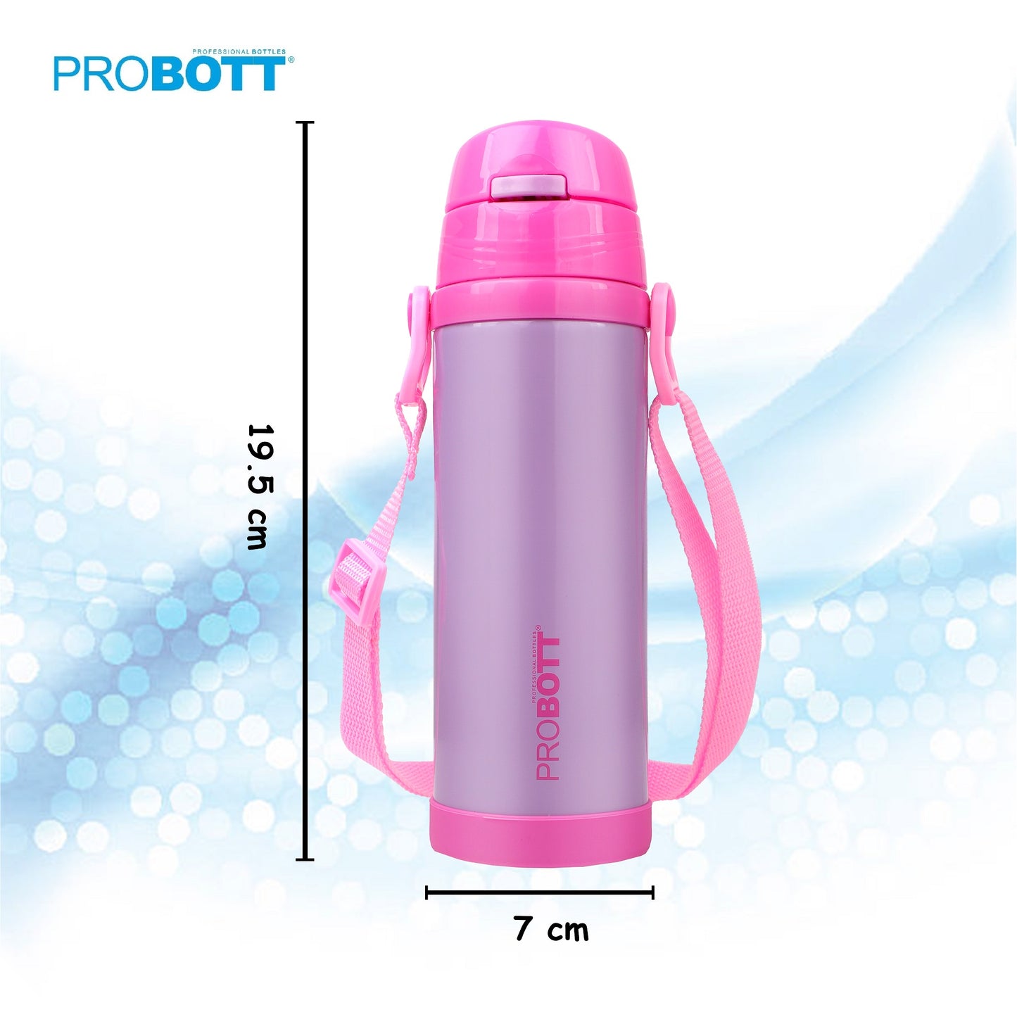 Probott Tom 350ml Hot & Cold Vacuum Insulated Flask Sipper Bottle with Straw & Strap for Kids, Pink