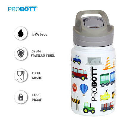 PROBOTT Space 360ml Stainless Steel Double Wall Vacuum Flask for 3-5 Yrs Kids | Hot and Cold Water Bottle with 3D Print, White | Perfect for Toddlers | Leakproof