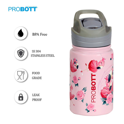 PROBOTT Space 360ml Stainless Steel Double Wall Vacuum Flask for 3-5 Yrs Kids | Hot and Cold Water Bottle with 3D Print, Pink | Perfect for Toddlers | Leakproof