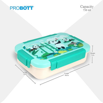 PROBOTT Lunch On 750ml Stainless Steel Lunch Box, 2 Grid Tiffin Box, Character Lid Made with Heavy Quality PP Material Perfect for School, Office Use | Aqua Blue+Cream