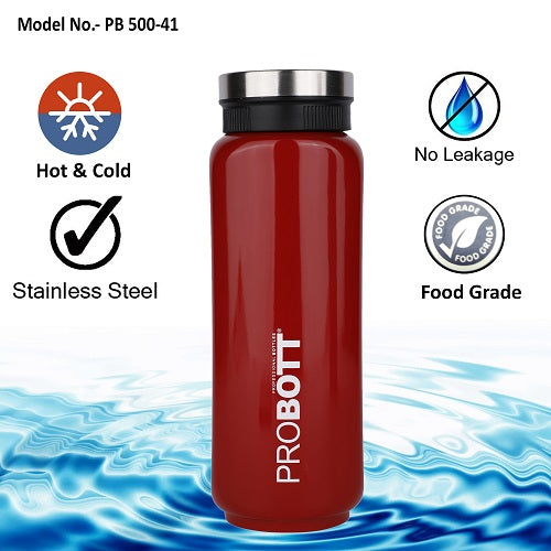 Probott Sliced 500ml Thermoses Vacuum Insulated Flask Bottle, Stainless Steel Water Bottles, Red