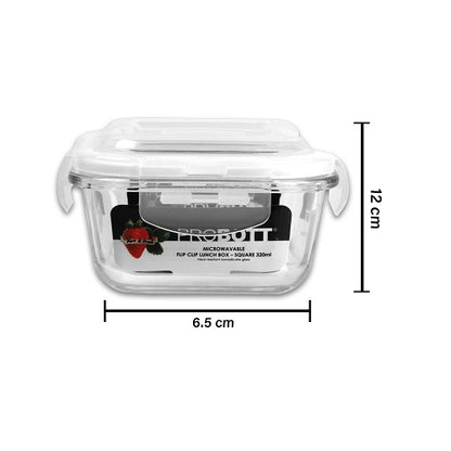 PROBOTT Vetroware Borosilicate Flip Clip Lunch Box Square Shape Set with Standing Bag, 320ml+320ml, 2-Pieces, Transparent PV 222-SS_Grey Bag