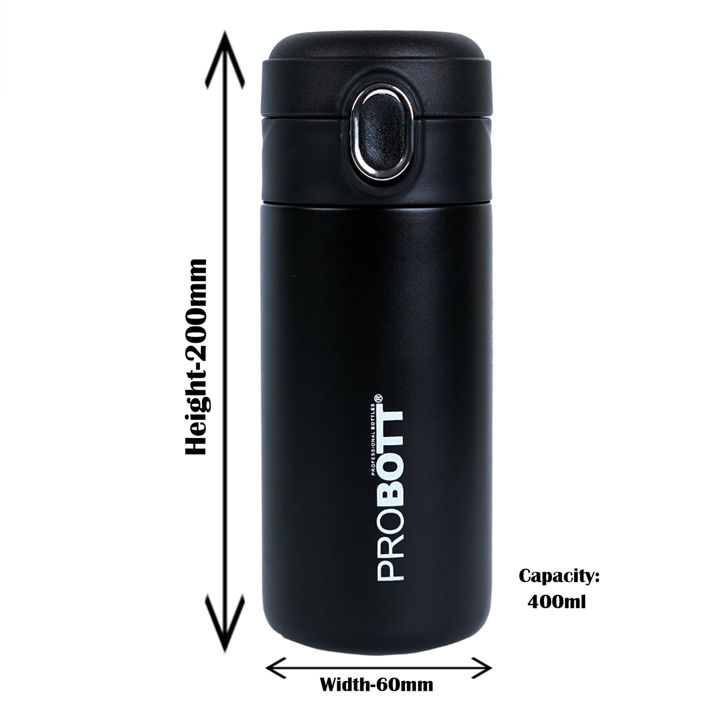 Probott Pride 400ml Thermosteel Hot & Cold Insulated Stainless Steel Travel Flask, Black | Spill Proof | Coffee Tea Mug | Juice Mug | Easy Grip Easy to Carry