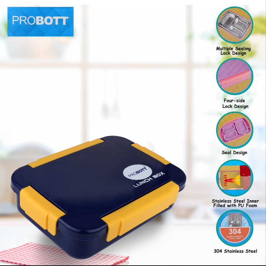 PROBOTT Lunch On 710 ml Stainless Steel Lunch Box, 3 Grid Leak-Proof BPA Free Tiffin Box, Perfect for School, Office, Travel, Picnic | Green