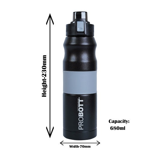 Probott Bloom 680ml Vacuum Insulated Flask Bottle, Stainless Steel Hot and Cold Water Bottles, Black