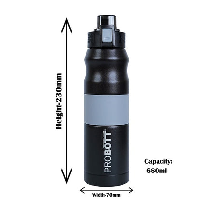 Probott Bloom 680ml Vacuum Insulated Flask Bottle, Stainless Steel Hot and Cold Water Bottles, Black