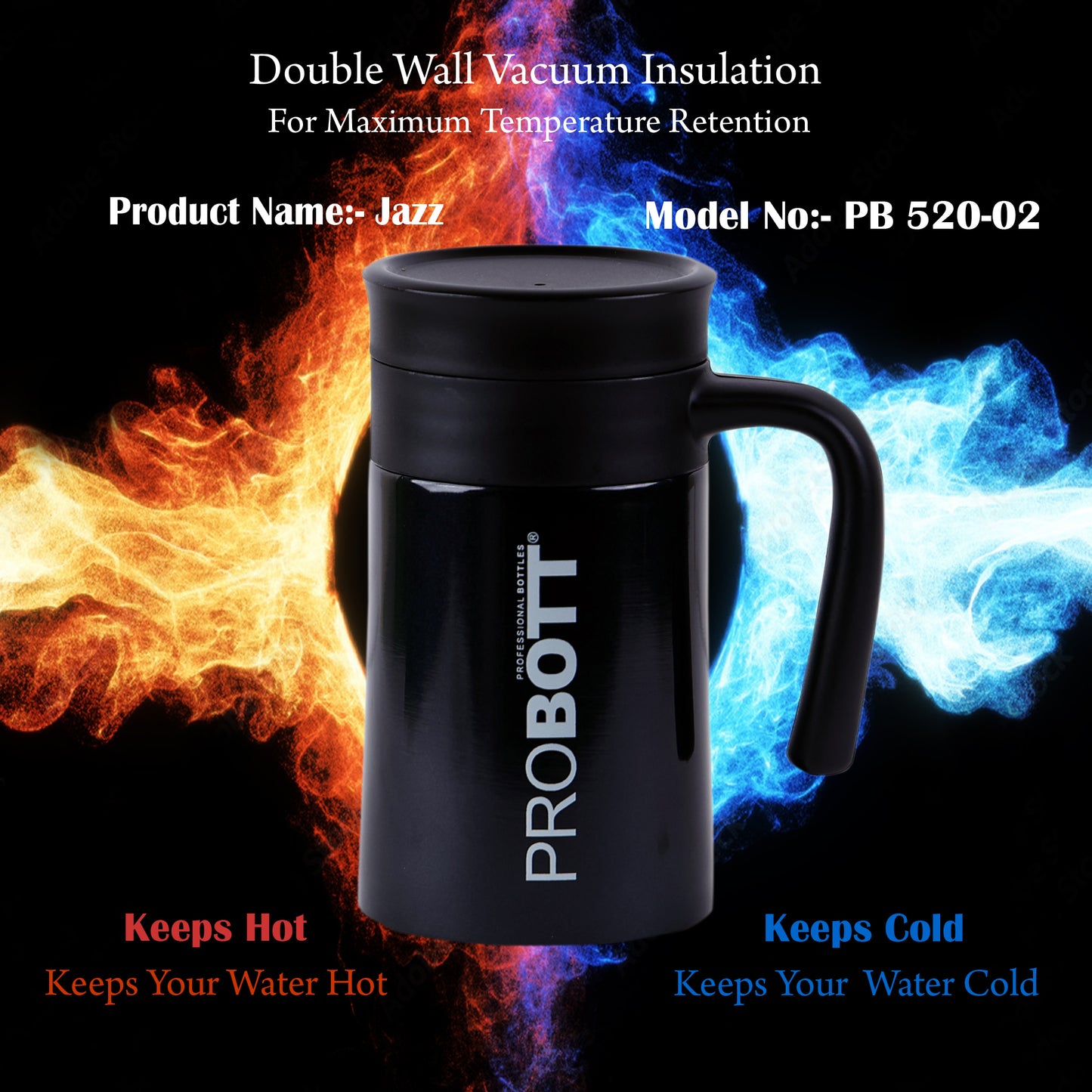 Probott Jazz 520ml Black Vacuum Insulated Mug Stainless Steel Coffee Flask, Travel Flask