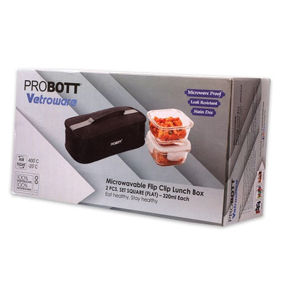 PROBOTT Vetroware Borosilicate Flip Clip Lunch Box Square Shape Set with Flat Bag, 320ml+320ml, 2-Pieces, Transparent PV 222-SF_Black Bag