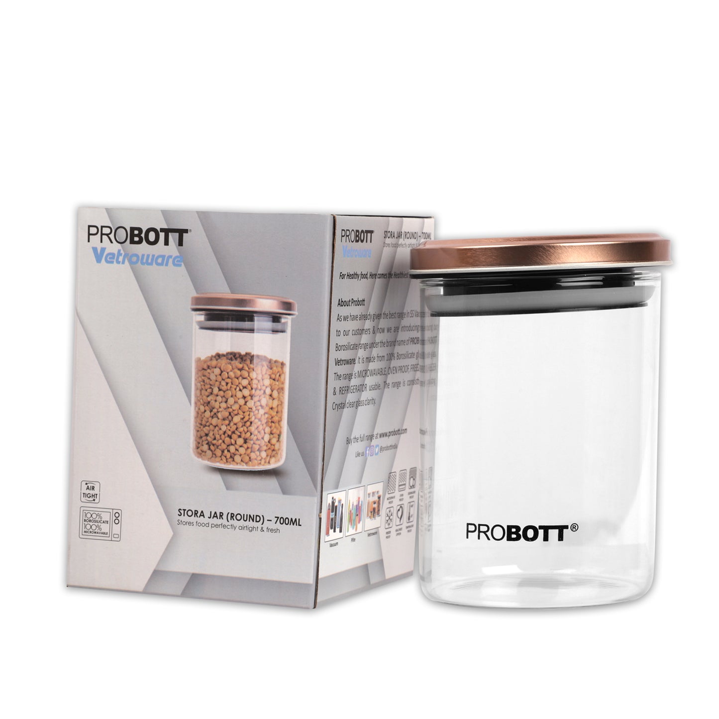 PROBOTT Vetroware 700ml Glass Round Jar Container with Metal Golden Color Air Tight Cap