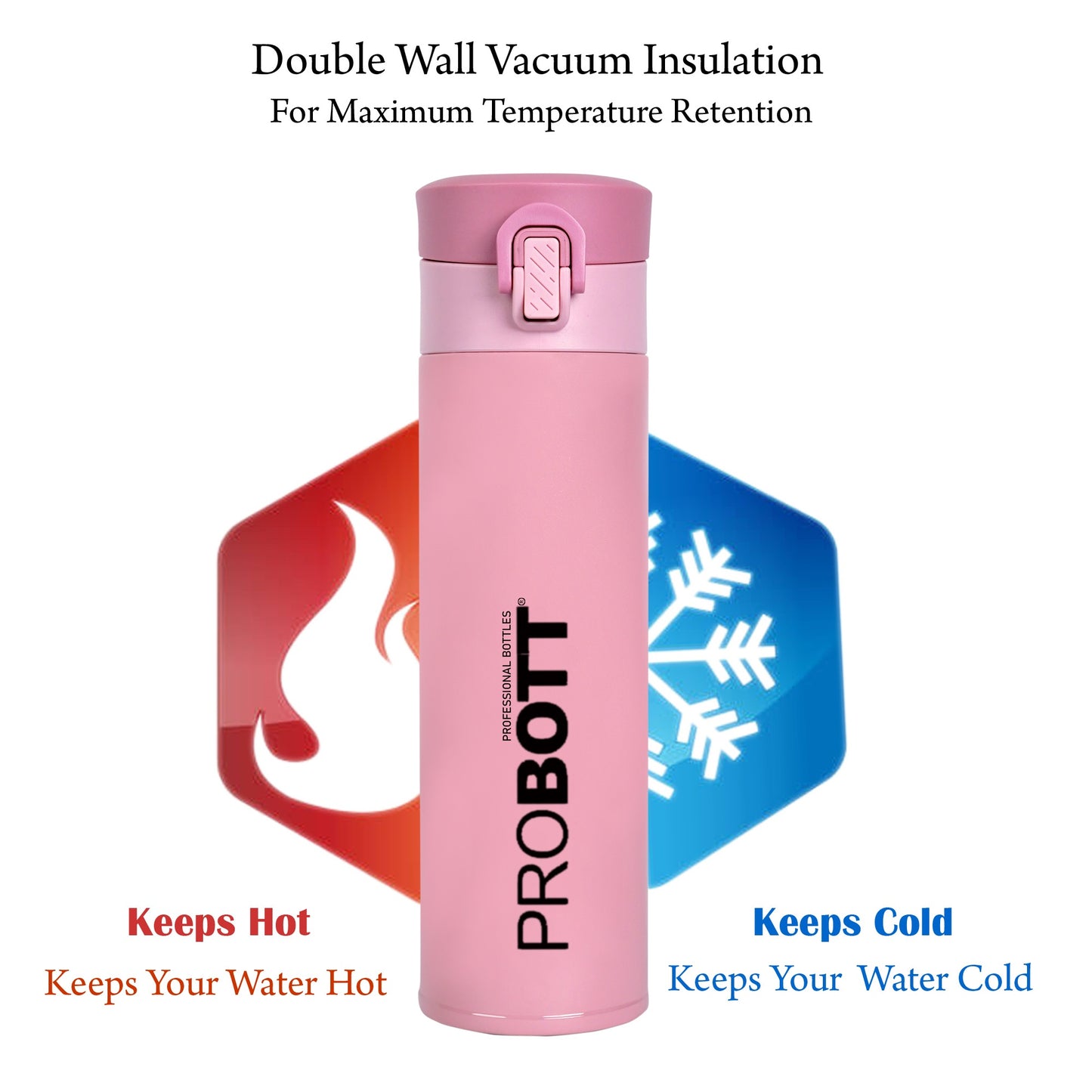 Probott Gliter 300 ml Travel Flask, Pink | Thermoses Hot or Cold Vacuum Insulated Stainless Steel | Flip Top Cap