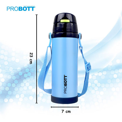 Probott Tom 500ml Hot & Cold Vacuum Insulated Flask Sipper Bottle with Straw & Strap for Kids, Blue