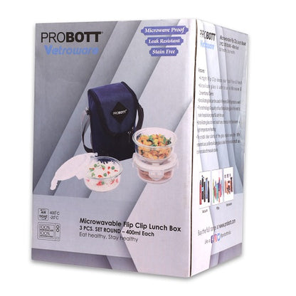 PROBOTT Vetroware Borosilicate Flip Clip Lunch Box Round Shape Set with Standing Bag, 400ml+400ml+400ml, 3-Pieces, Transparent PV 333-R_Blue Bag