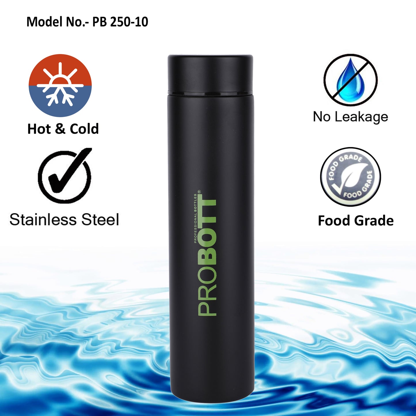 PROBOTT Compact 250ml Thermosteel Vacuum Flask, Stainless Steel Water Bottle - Green