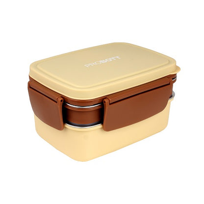 PROBOTT Double Decker 1300ml Stainless Steel Lunch Box, 2 Layers with 3 Grid, 1 Spoon Tiffin Box, Lid Made with Heavy Quality PP Material Perfect for School, Office Use | Cream