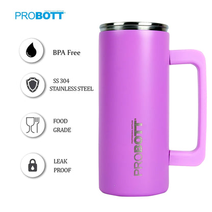 Probott Brew 380ml Travel Mug with Handle, Wide Mouth Tumbler, Pink Thermosteel Vacuum Insulated Thermos Flask | Hot and Cold