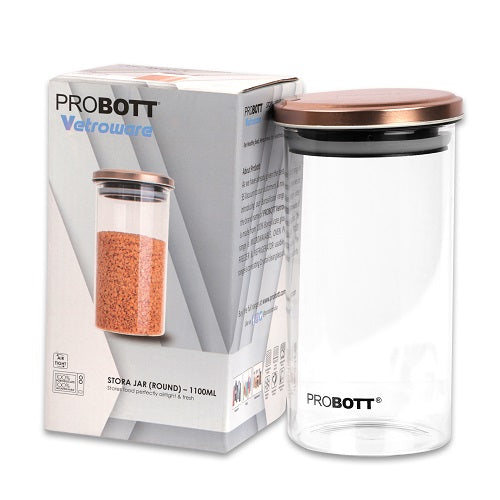 PROBOTT Vetroware 1100ml Glass Round Jar Container with Metal Golden Color Air Tight Cap