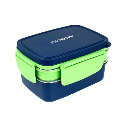 PROBOTT Double Decker 1300ml Stainless Steel Lunch Box, 2 Layers with 3 Grid, 1 Spoon Tiffin Box, Lid Made with Heavy Quality PP Material Perfect for School, Office Use | Blue