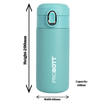 Probott Pride 400ml Thermosteel Hot & Cold Insulated Stainless Steel Travel Flask, Green | Spill Proof | Coffee Tea Mug | Juice Mug | Easy Grip Easy to Carry