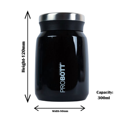 PROBOTT Gourmet 300 ml Vacuum Insulated Flask Jar, Black | Soup Flask | Dal Flask | Sambar Flask | Thermos | Long Hours Hot and Cold