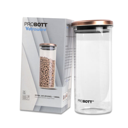 PROBOTT Vetroware 1300ml Glass Round Jar Container with Metal Golden Color Air Tight Cap