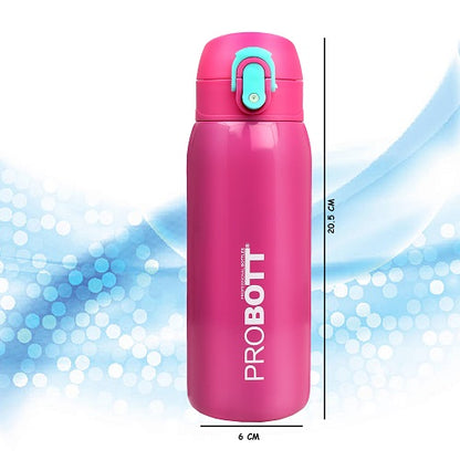 Probott Little 390ml Thermoses Vacuum Insulated Flask, Stainless Steel Water Bottle for Kids, Pink | One-Click-Open Leak-Proof Locking Flip Lid