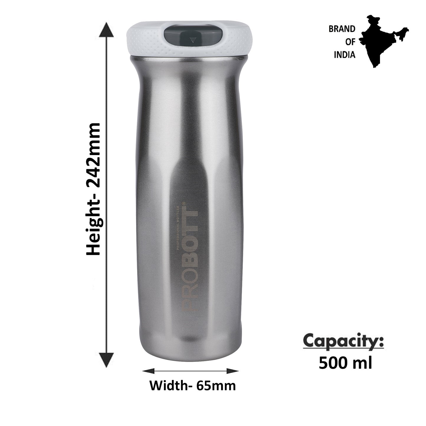 Probott Swipe 600ml Stainless Steel Water Bottle, Vacuum Insulated Flask Bottles, Silver | Hot and Cold | Easy to Carry | Leak Proof