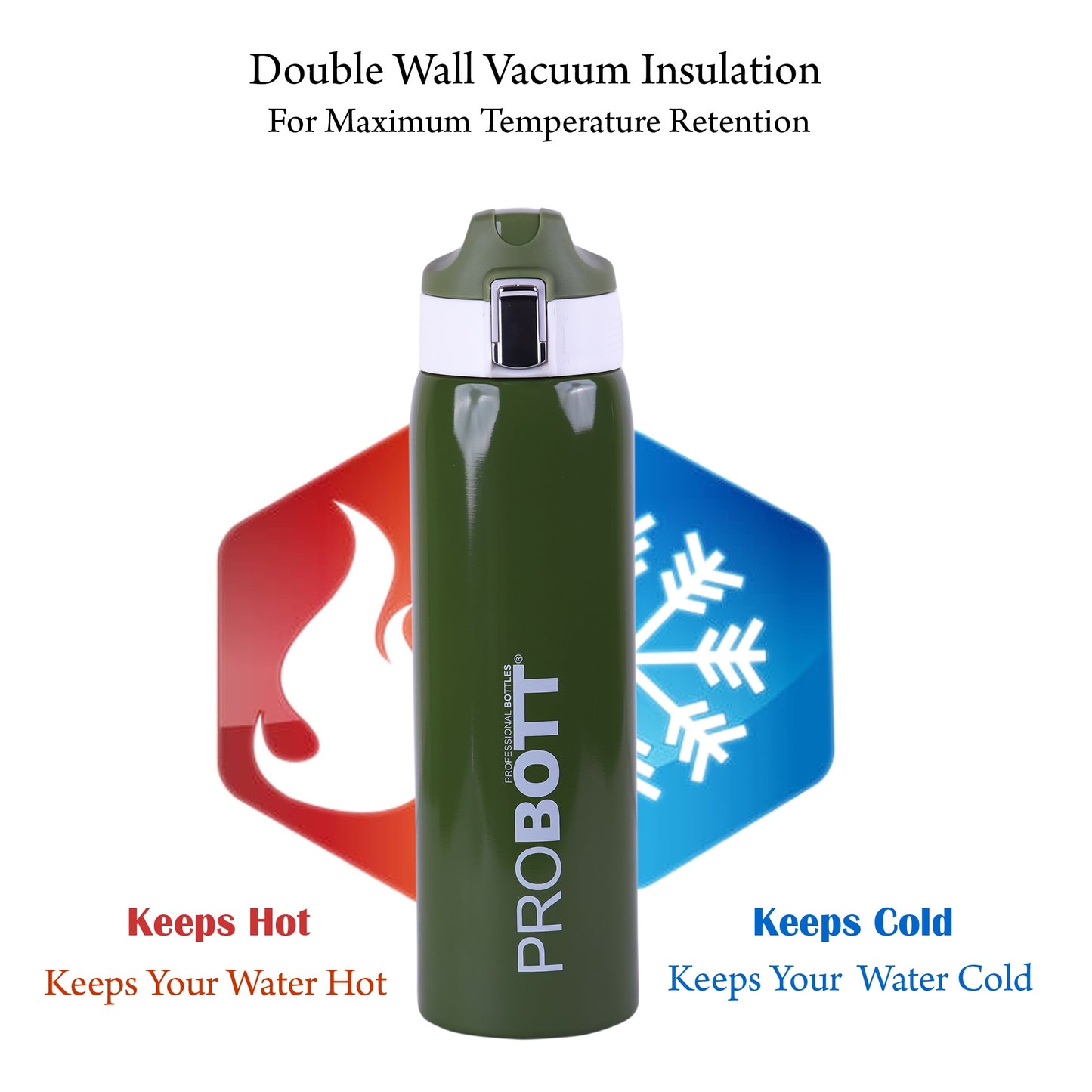 Probott Icon 1000ml Stainless Steel Hot and Cold Water Bottle, Vacuum Insulated Flask Sipper Bottle, Green