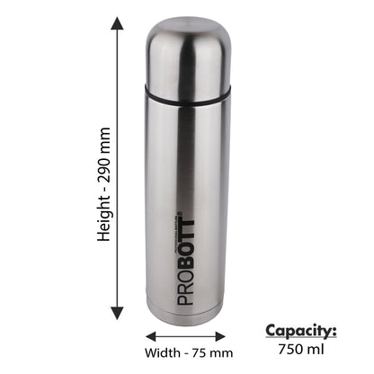 Probott Old Edition Water Bottle, Stainless Steel Water Bottles, Vacuum Insulated Flask Bottles, 750 ml, Silver | Hot and Cold | Easy to Carry | Rust & Leak Proof | Tea | Coffee | Office| Gym | Travel
