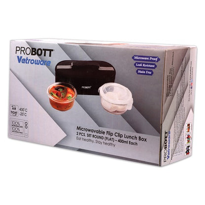 PROBOTT Vetroware Borosilicate Flip Clip Lunch Box Round Shape Set with Flat Bag, 400ml+400ml, 2-Pieces, Transparent PV 222-RF_Black Bag