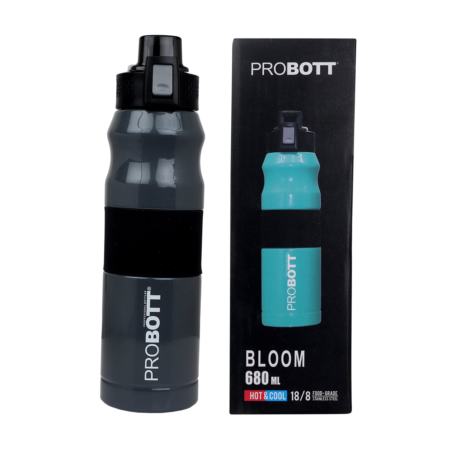 Probott Bloom 680ml Vacuum Insulated Flask Bottle, Stainless Steel Hot and Cold Water Bottles, Grey | Push Button Flip Top Cap | Leak Proof