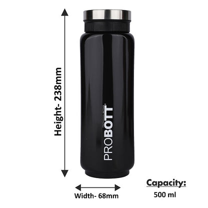 Probott Sliced 500ml Thermoses Vacuum Insulated Flask Bottle, Stainless Steel Water Bottles, Black