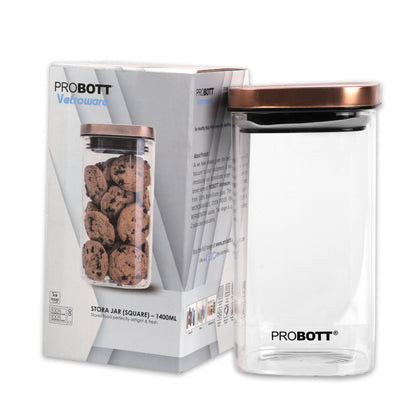 PROBOTT Vetroware 1400ml Glass Square Jar Container with Metal Golden Color Air Tight Cap