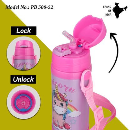 Probott Jerry 500ml Water Bottle with Straw for 3-5 yrs Old Kids | Stainless Steel Hot & Cold Sipper Bottle for Kid, Pink