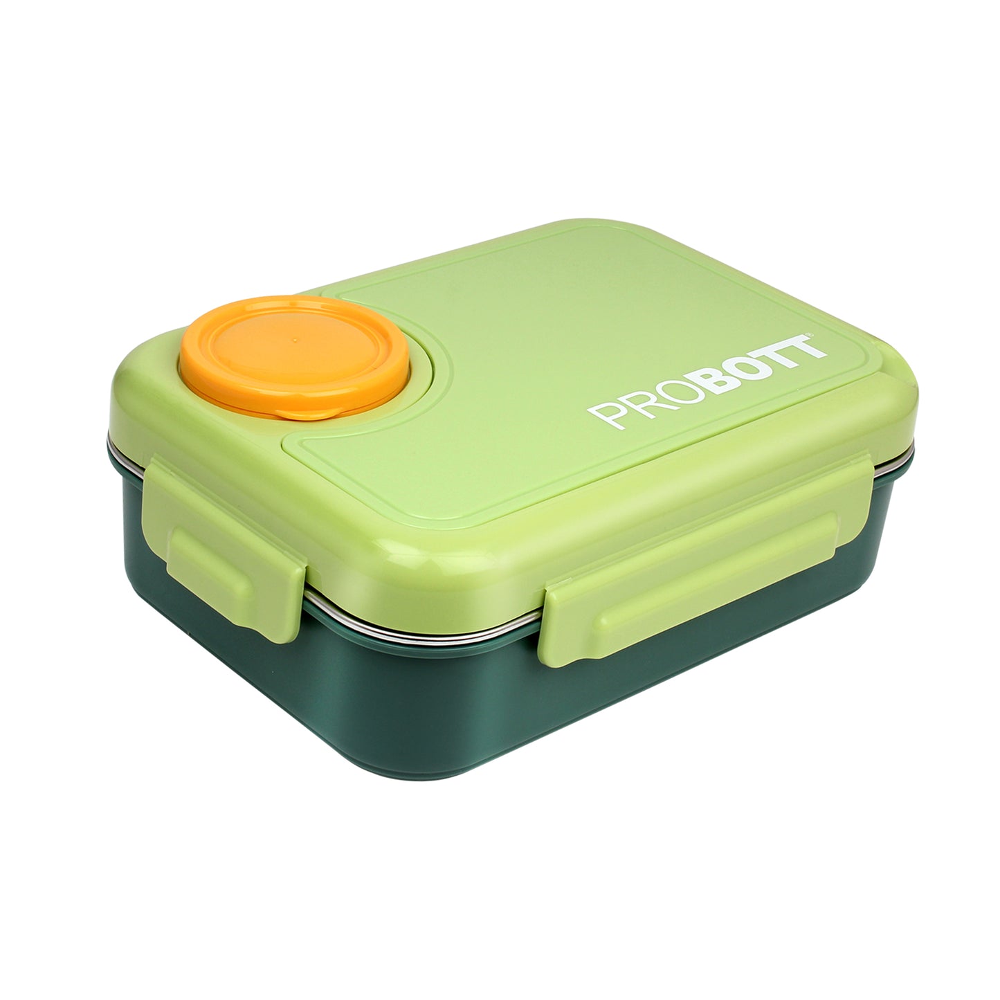 PROBOTT Fun Time 750ml Stainless Steel Lunch Box, 3 Grid with 1 Bowl Tiffin Box, Perfect for School, Office Use | Green