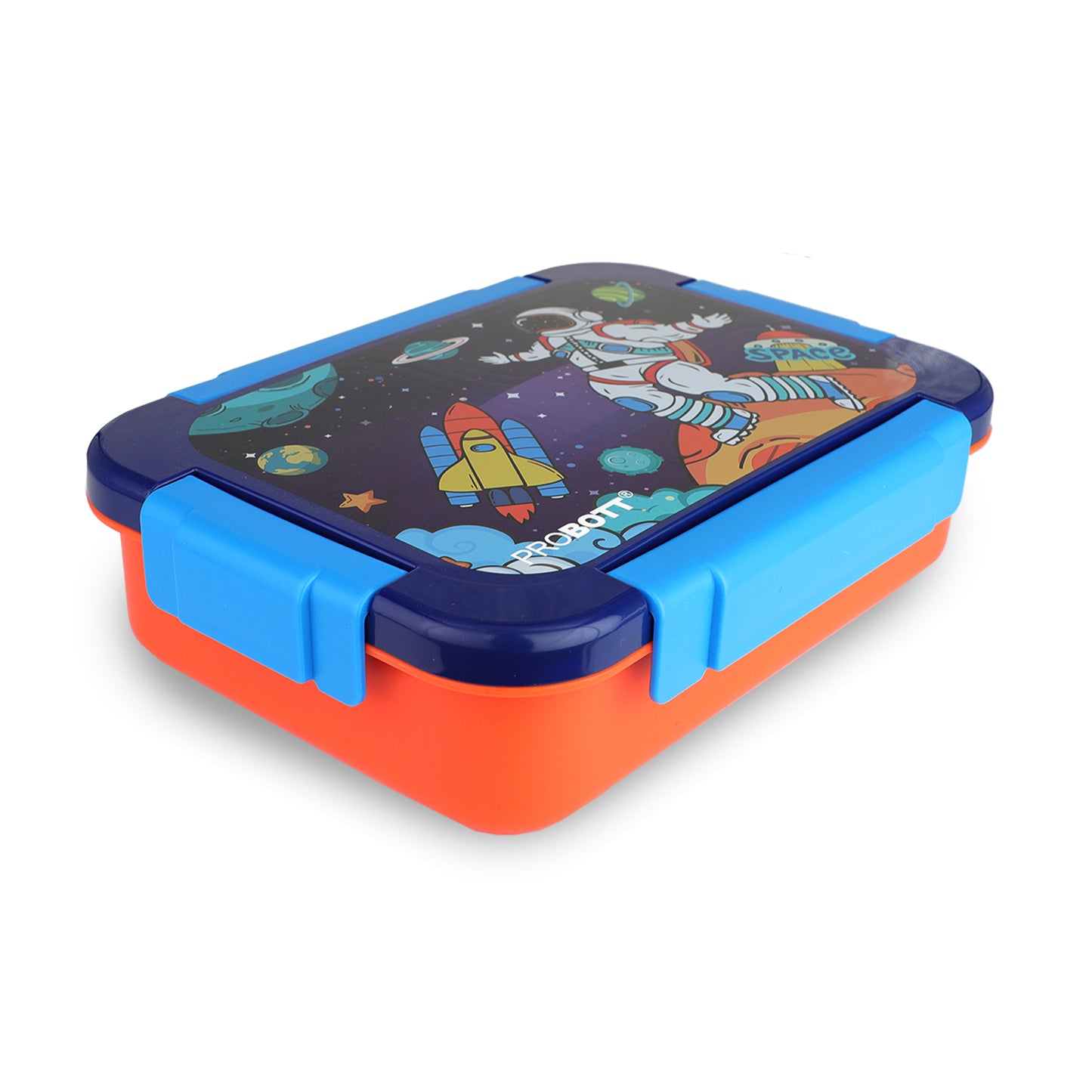 PROBOTT Lunch On 710 ml Stainless Steel Lunch Box, 3 Grid Tiffin Box, Character Lid PP Material Perfect for School, Office, Travel, Picnic | Blue+Orange